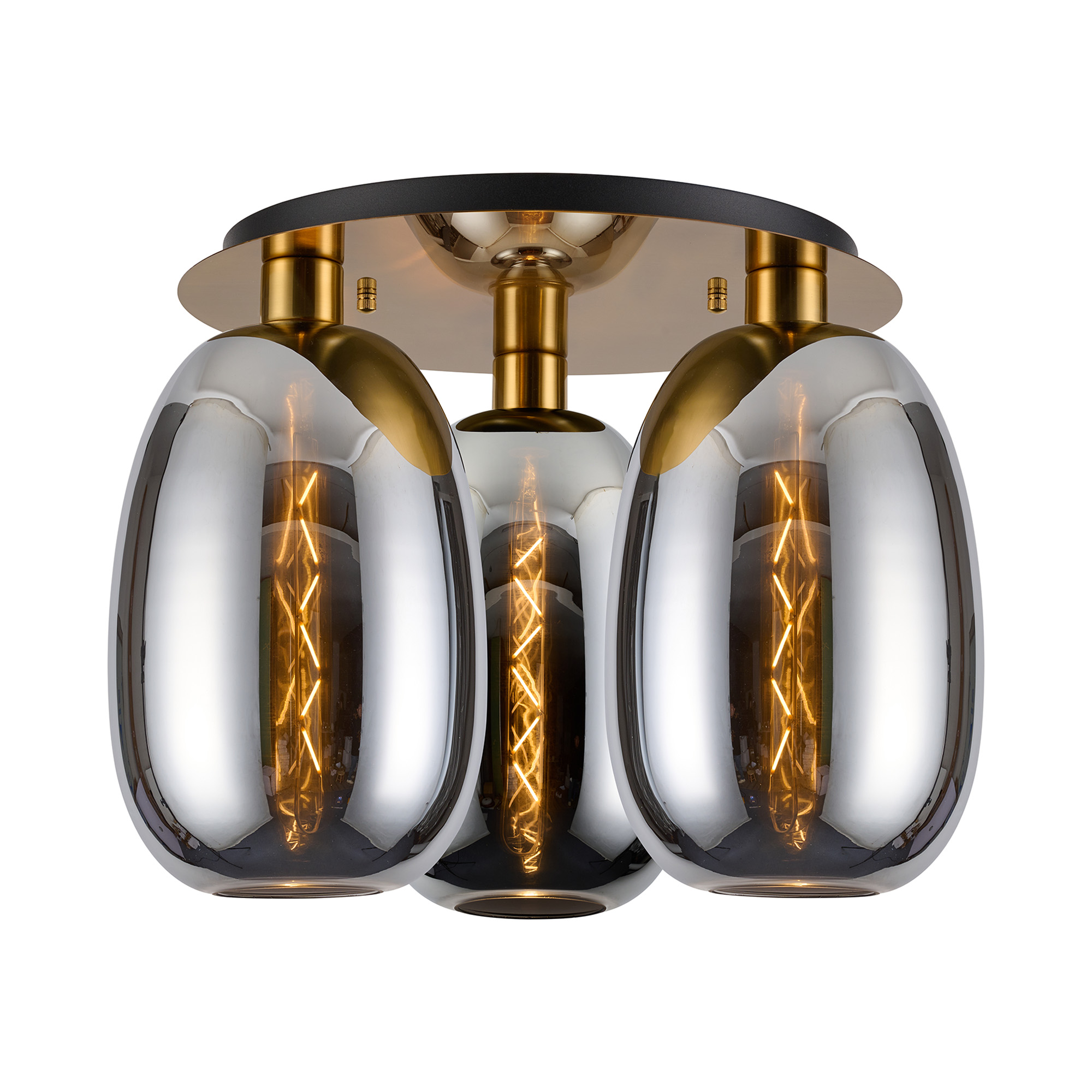 DK1245  Lori 40cm Round Ceiling Flush, 3 Light Flush Fitting, Antique Gold/Chrome Slim Curved Trapezium Shades